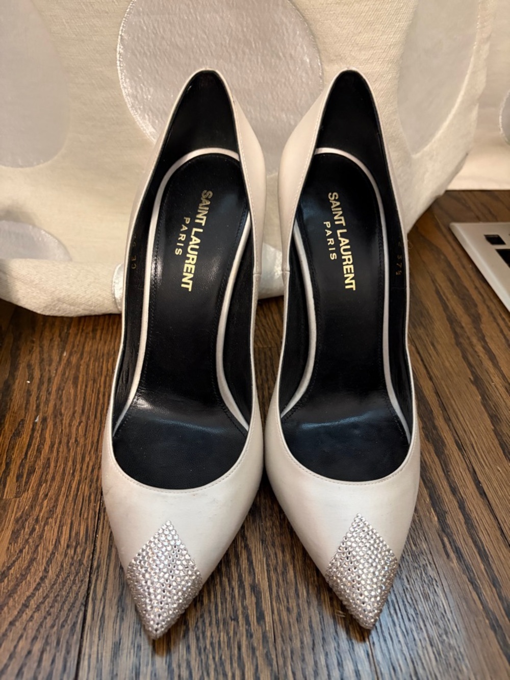 Saint Laurent Ivory Satin Pointed Toe Pumps with Crystal-Embellished Heel